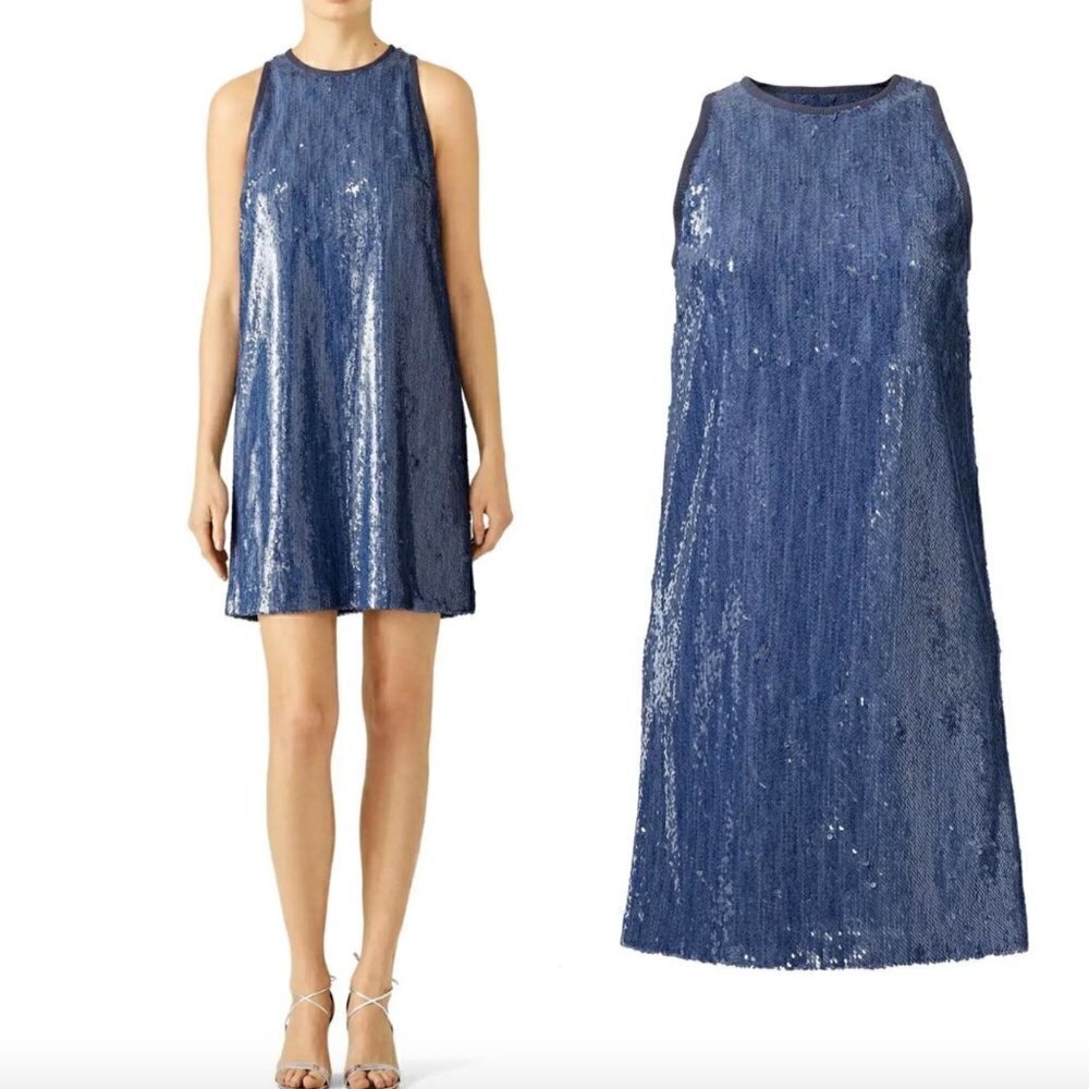 Carmen Marc Valvo Denim Sequin Shift Denim Blue Womens 8